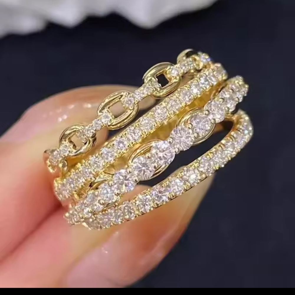 Elegant 18k Gold Plated Multi-Layer Cubic Zirconia Ring - Gold